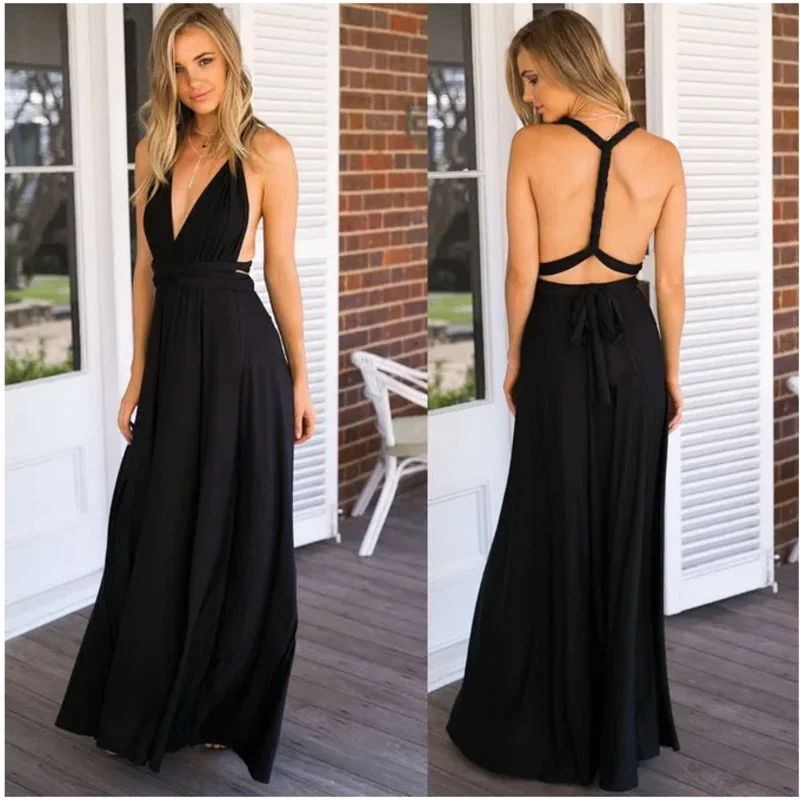 Fashion Women formal dress evening long deep V halter dress convertible multi way Wrap Maxi Grecian dresses wedding party dress