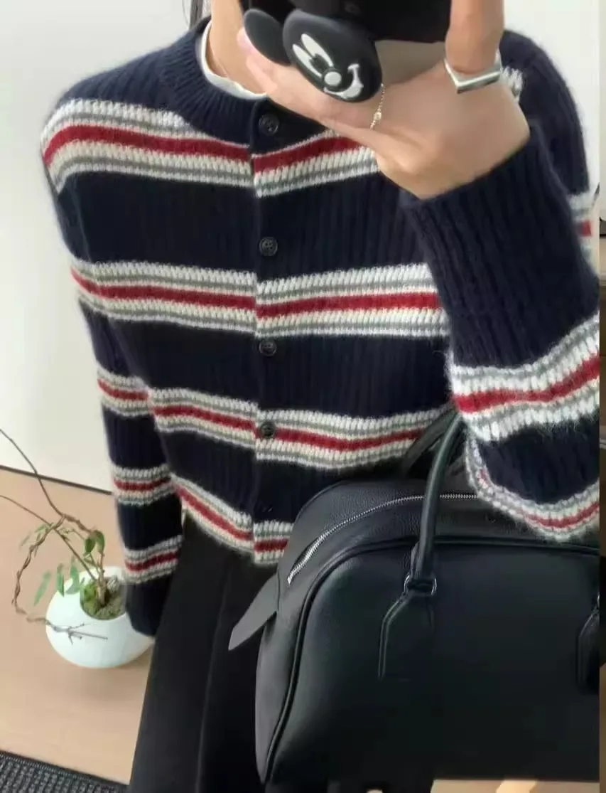 Korean Style Lazy Contrast Color Stripe Sweater Coat Women's Autumn New Vintage Slim round Neck Knitted Top Straight Tube