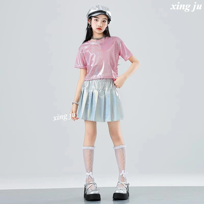 Conjuntos de Hip Hop para niñas, Top corto rosa brillante para baile callejero, Falda plisada plateada, ropa de calle para niños, disfraz de Jazz, ropa para espectáculo en escenario