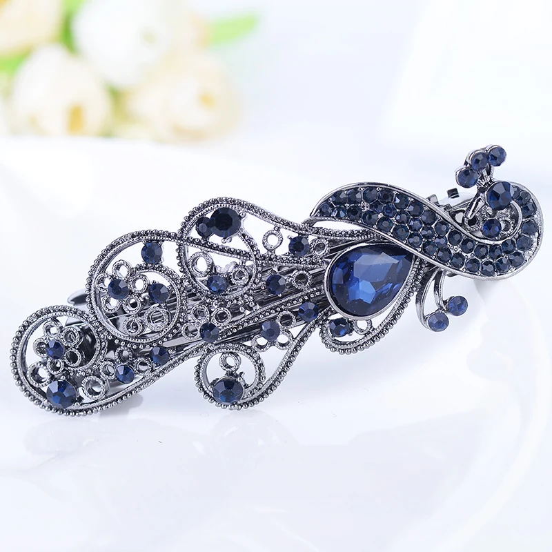 EASYA Blue Peacock Hairpins Rhinestone Crystal Flower Leaf Hair Clip Barrettes Vintage Hair Accessories Jewelry For Women Girls