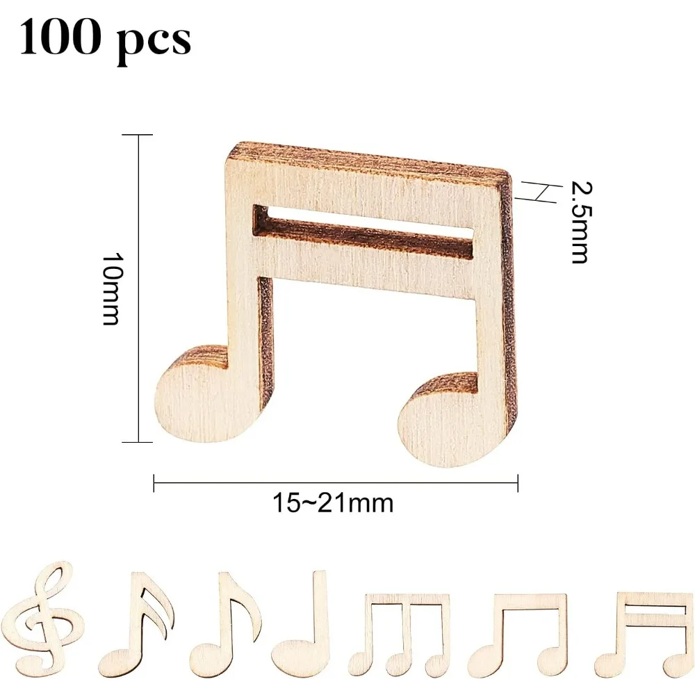 100 Pcs Wood Cutouts Embellishments, Burlywood Cabochons Musical Notes for DIY Craft Decor