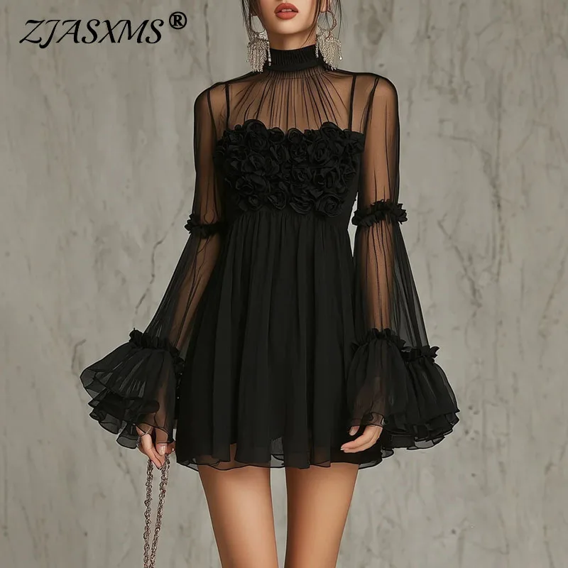 Damen Einfarbiges Mesh-Minikleid mit Hohem Kragen, Transparenten Langen Ärmeln, 3D-Blumenapplikation am Brustbereich und Rüschensaum, Elegantes Sexy Frühlingskleid für Abschlussball und Bankette