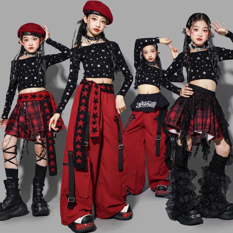 Hip Hop Girls Crop Top Plaid Street Dance Suit Kids Ribbon Pleated Skirts Teens Jazz Cool Costumes Child Streetwear Clothes Sets