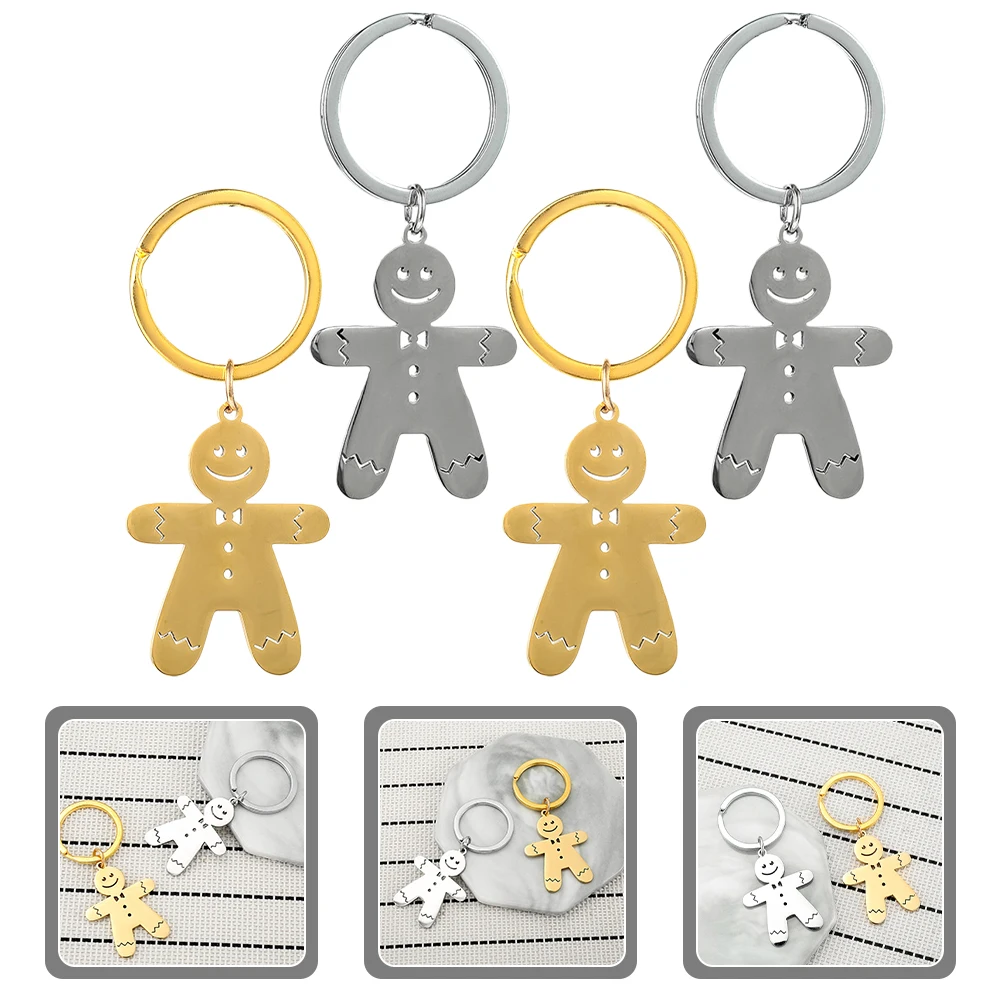 

4 Pcs Key Chain Pendant Metal Keyring Gingerbread Man Purse Keychain Stainless Steel Accessories Charms