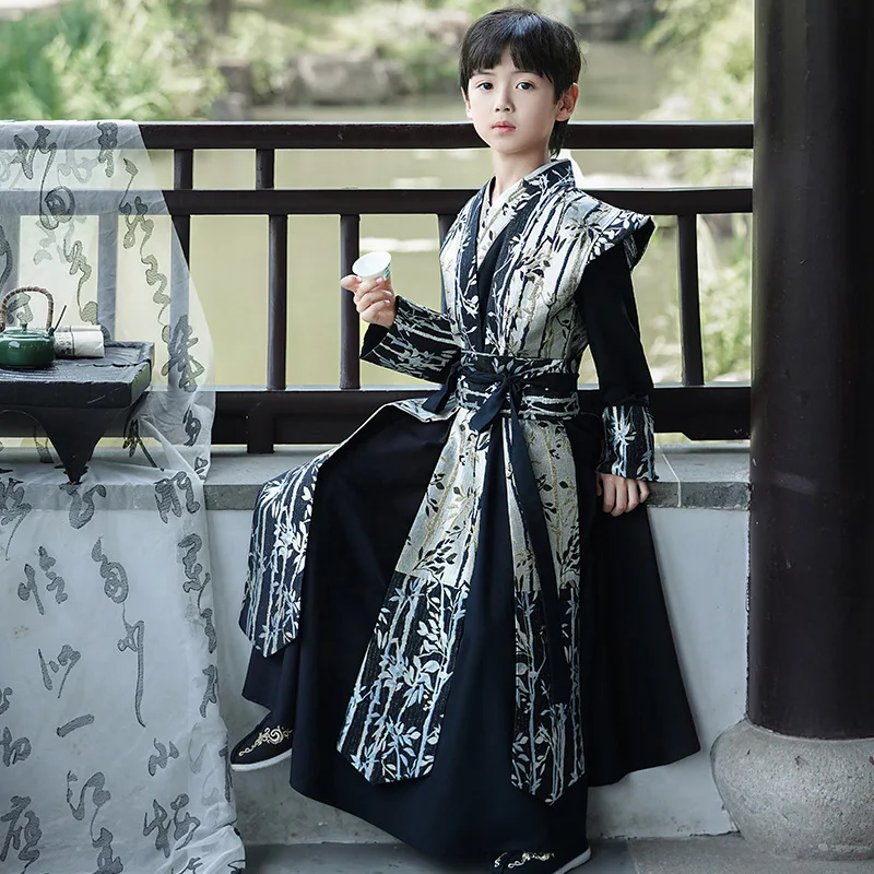 Hanfu Original de la dinastía Ming para niño, ropa Jacquard negra, disfraz de espadachín de héroe antiguo, ropa de caballero errante