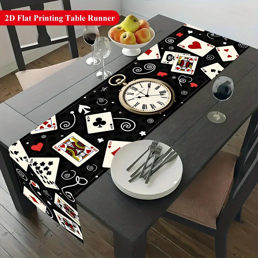 Poker Clock & Playing Cards Table Runner - Vibrant Festive Decor for Dining & Coffee Tables, Home Parties, Kitchens & Holidays