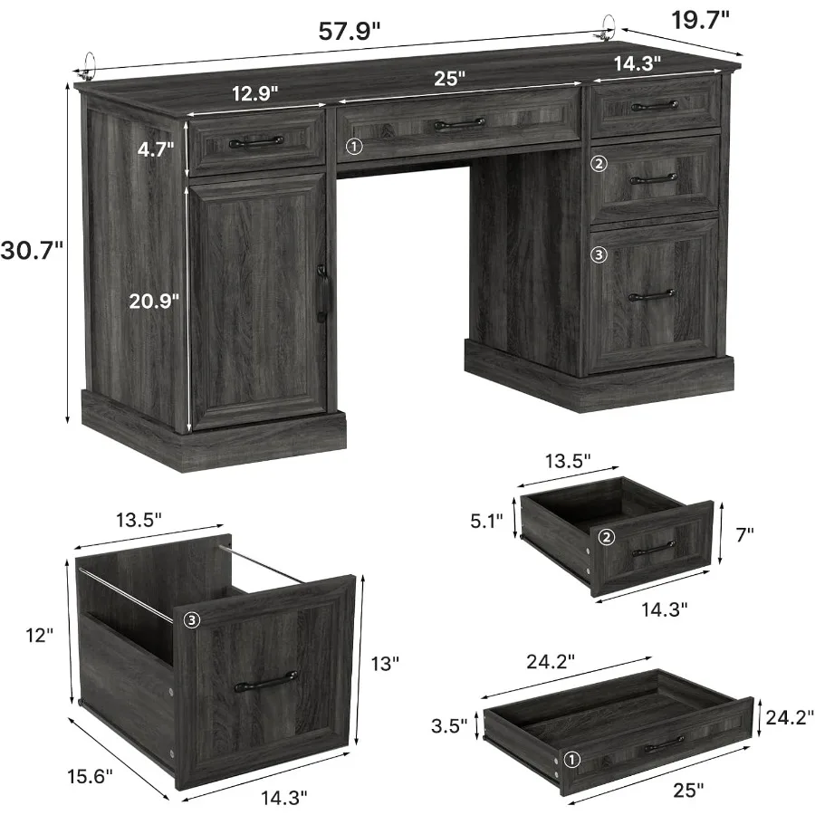 58 مزرعة مكتب تنفيذي خشبي مكتب منزلي مع أدراج خزانة ملفات منقوشة الملمس التخزين المنظم مكتب الكمبيوتر fo