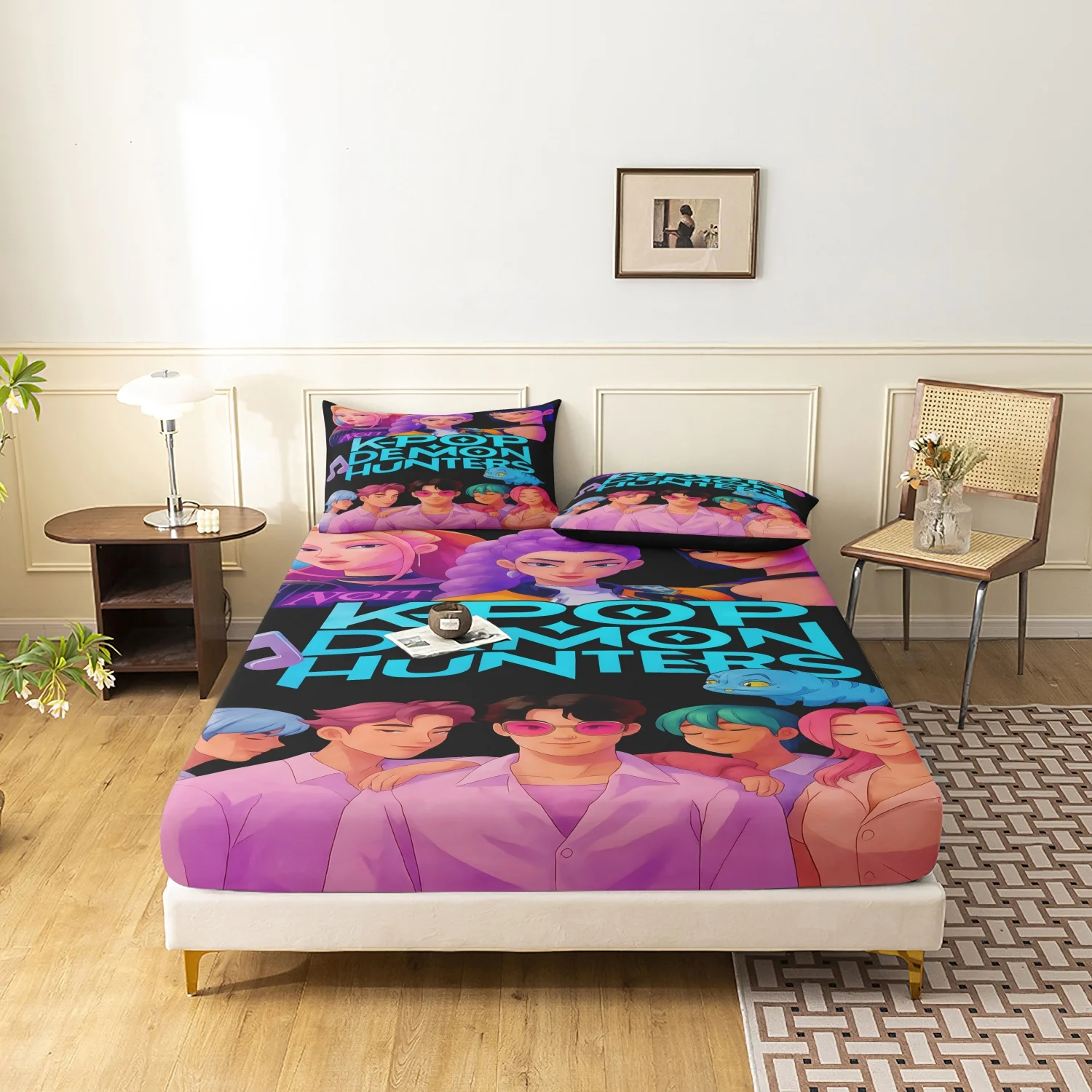 مجموعة ملاءات K-Pop Demon Hunters المجهزة مكونة من 3 قطع من شخصيات الرسوم المتحركة الناعمة، مناسبة لغرفة النوم ومجموعات ملاءات النوم لمحبي Netflix