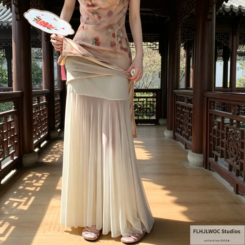 FLHJLWOC Women’s Tulle Mermaid Long Maxi Skirt High Waist Mesh Bodycon Elegant Cheongsam Qipao Inner Dress Party Wedding Skirts
