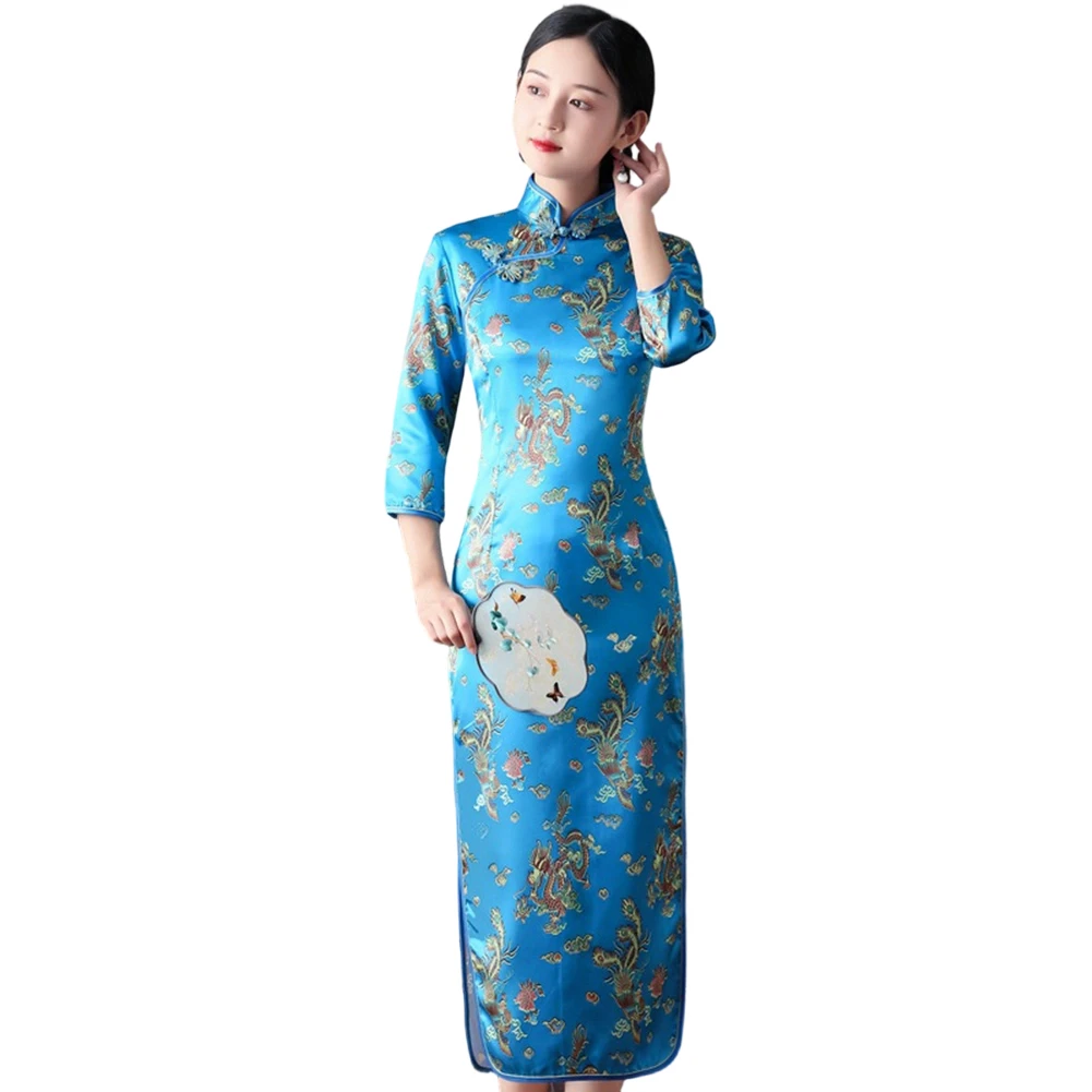 Women Traditional Chinese Qipao Dress Long Sleeve Elegant Side Fork Cheongsam Dress Suitable for Spring and Summer