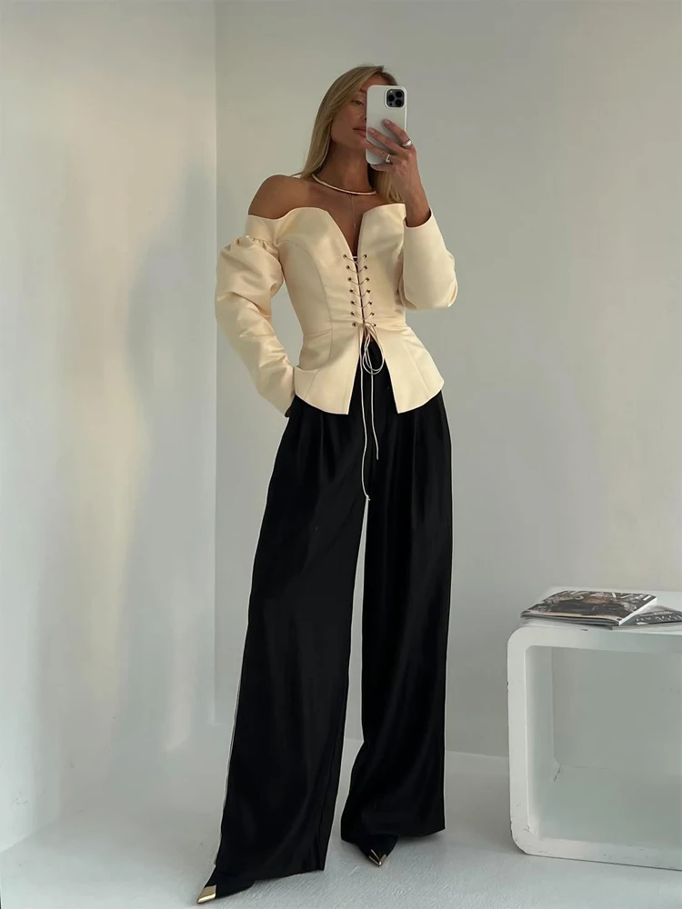 

Elegant Strapless Lace Up Shirt Ladies Casual Long Puff Sleeve V-neck Waist Cinching Slim Blouse Fit Spring Summer Casual Wear