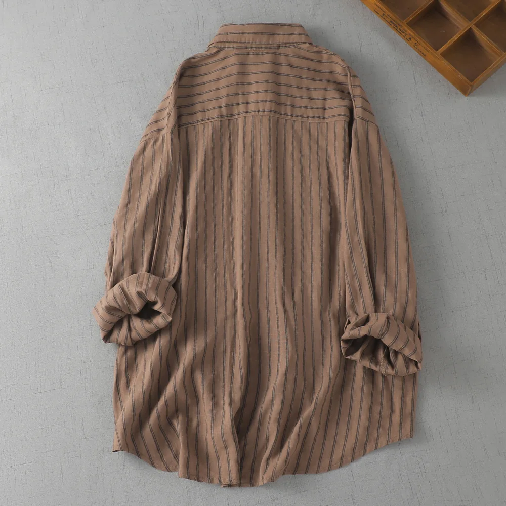 カジュアルなゆったりとしたリネン素材のヴィンテージ風和服風スリムストライプ通勤ファッション女性用プレミアム薄手コットンリネン混紡