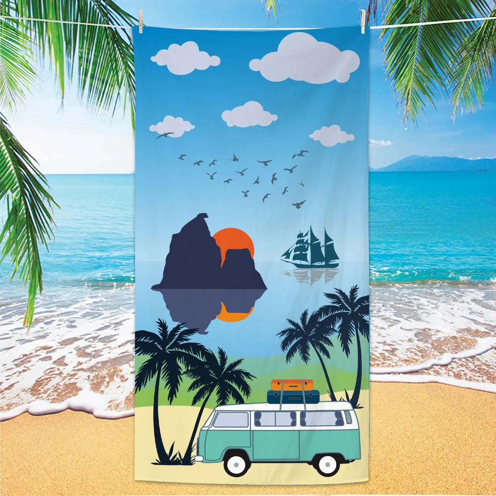 Beach Pattern Beach Towel, Digital Printing Thin Quick-Dry Anti-Sand Microfiber Lightweight for Swim, Yoga, Travel, Gym, Gift