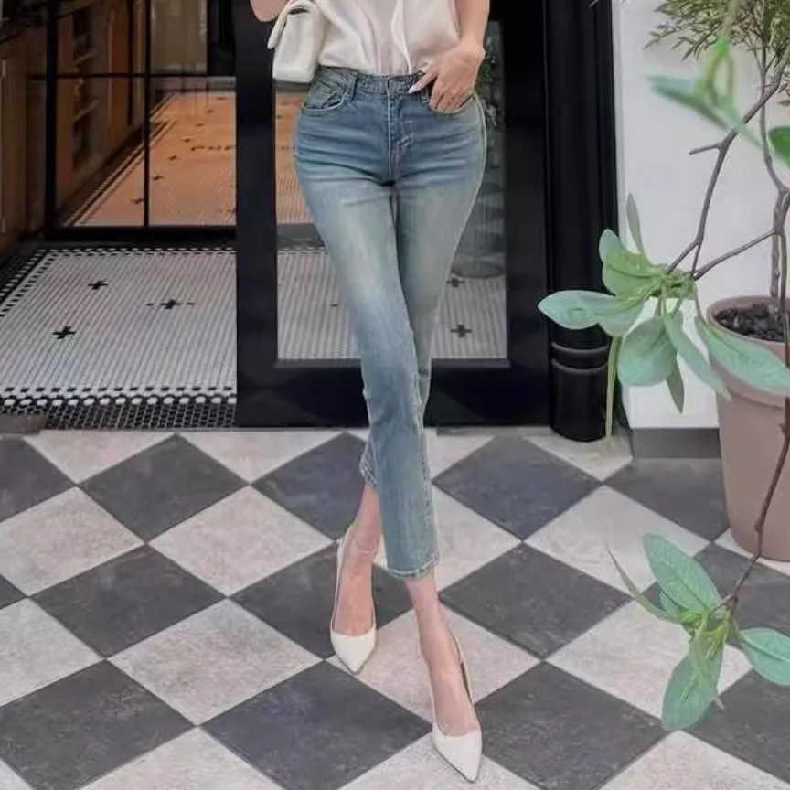 

Sexy High Waist Light Blue Denim Pants Women's Korean Sle ow Figure Plump Hip High Waist Slim Fit Jeans Breathable Cotton