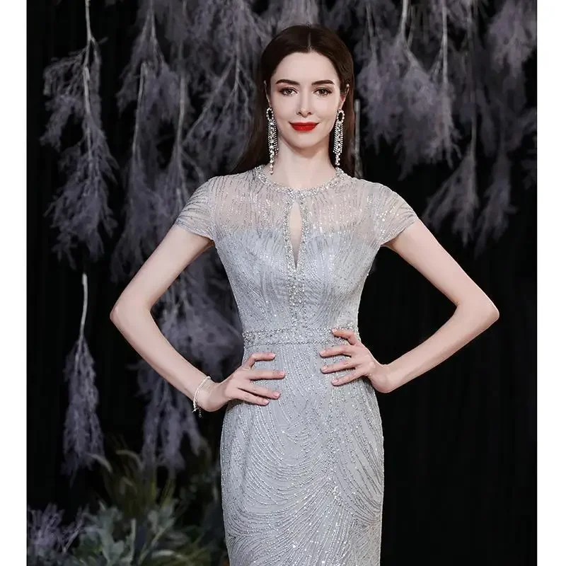 Gorgeous Sexy Round Neck Sequined Mermaid Long Formal Evening Dress Silver