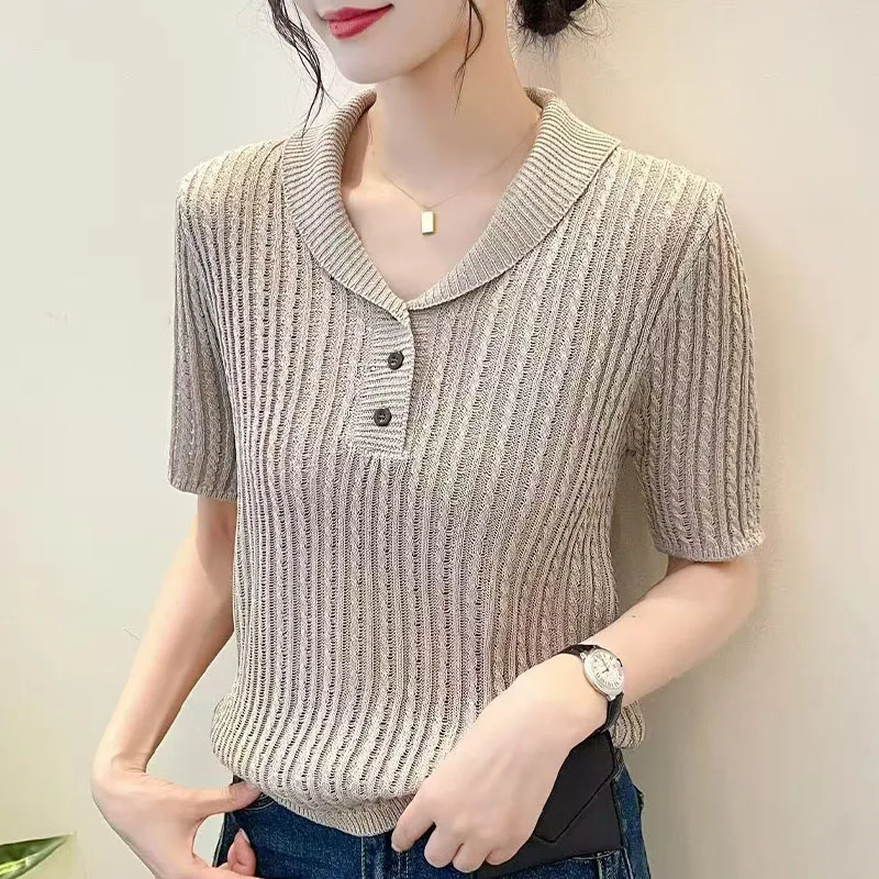 

Korean Version Women's Collar Retro High-End Short Sleeved Linen Knit Shirt Spring Old Money Style Patterned New Linen Top 2026