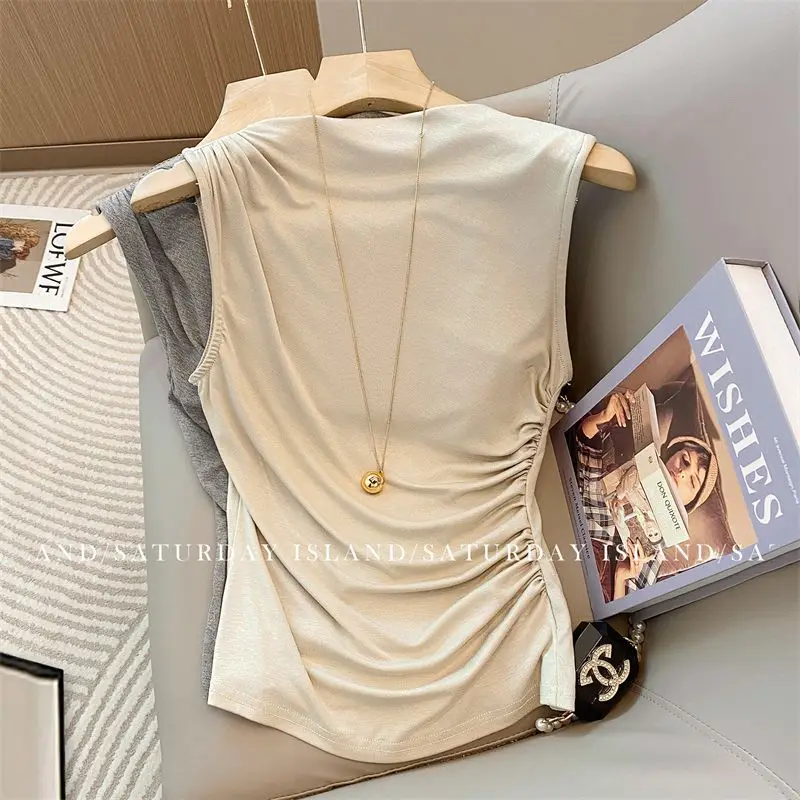 

Spring Summer Faion Purple Svel Women's T-irt Design Sense Pleated Waist Cinching Vest Top Quali Material