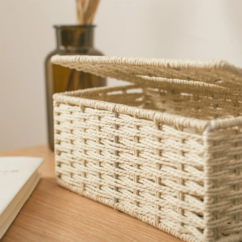 2X Rattan Tissue Box, Vintage Napkin Holder, Case Clutter Storage Container Cover, Living Room Desk Decoration (Coffee)