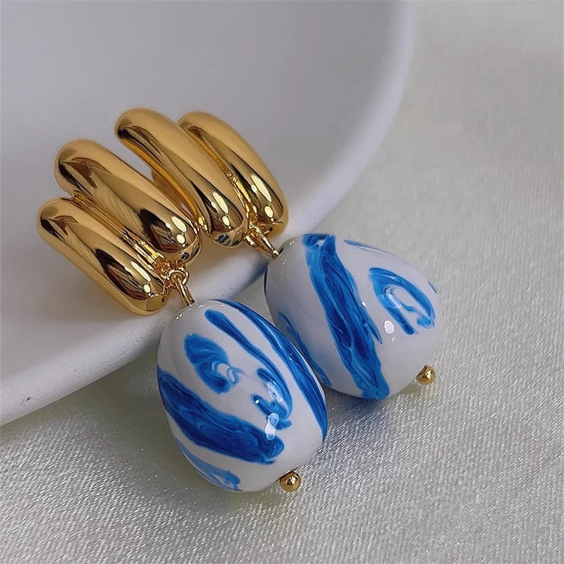 

Vintage Blue and White Porcelain Fashion Drop Glazed Earrings for Women Unique Light Luxury High-end Banquet Jewelry Gifts