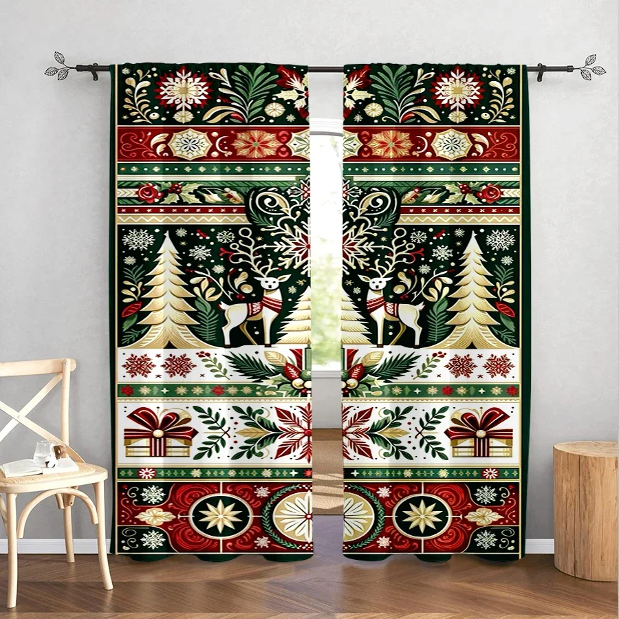 2PCS Folk Art Reindeer Christmas Curtains, Nordic Pattern Tree Gift Snowflake, Bohemian Holiday Window Drapes for Bedroom Living