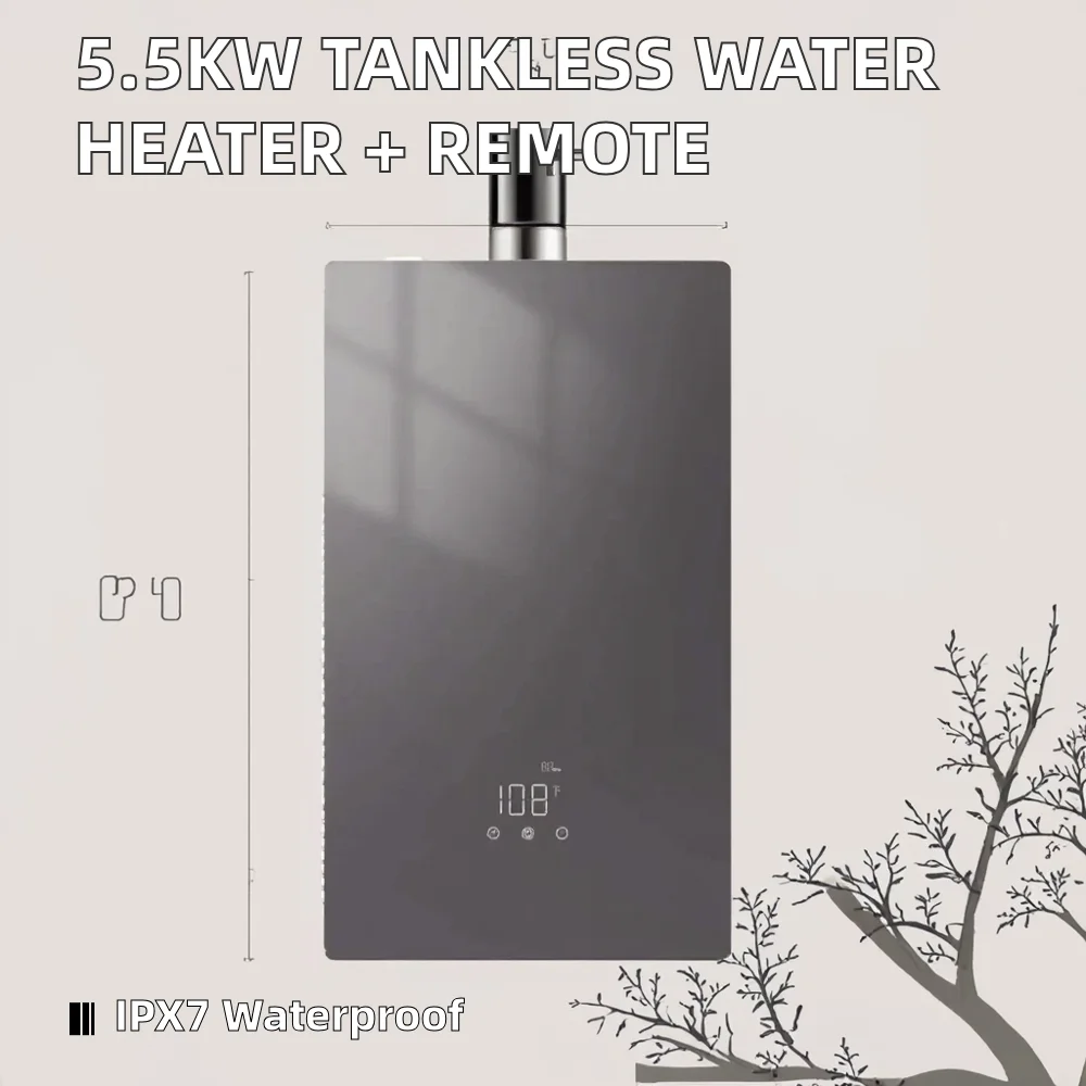 Instant Electrical Water Heater 5.5kW Tankless Household Plastic LED Remote Control English 220V 50/60Hz Grey Free Installation