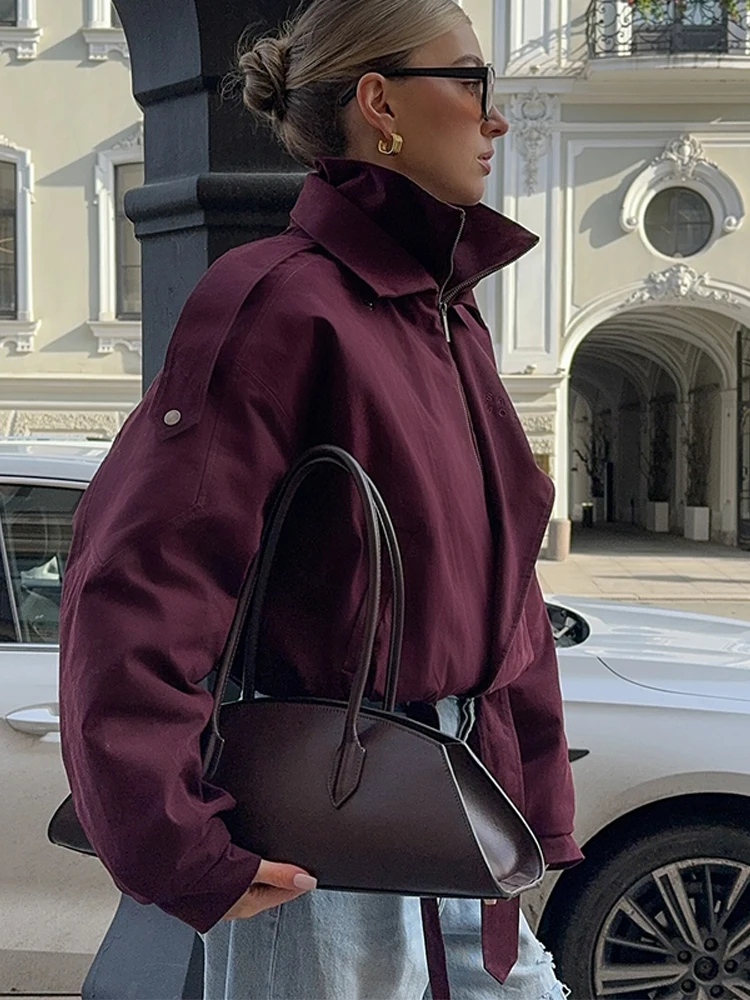 バーガンディレッド ジッパーボンバージャケット レディース カジュアル スタンドカラー 長袖 ポケット付き ショートコート 秋 レディース ストリート アウターウェア 2025年新作