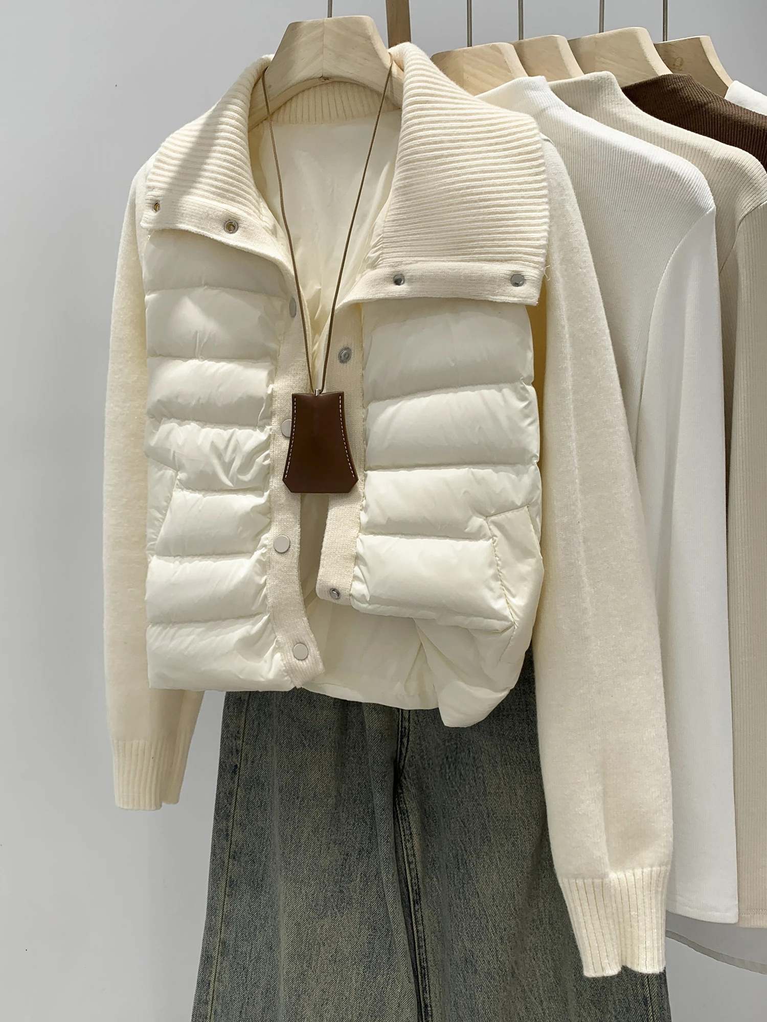 Lightweight Short Knitted Patchwork down Jacket Women's Winter Fashionable Cute Bunting Coat Comfortable Soft Zipper Closure