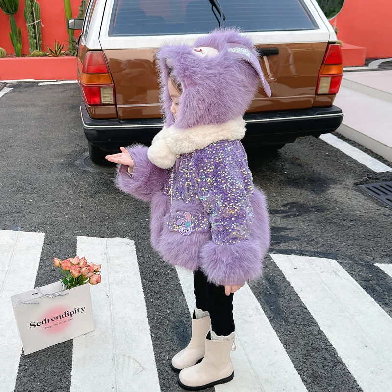 2023 new winter girl padded sequined fur plus velvet coat rabbit hooded design diamond accessories girl cotton-padded jacket.