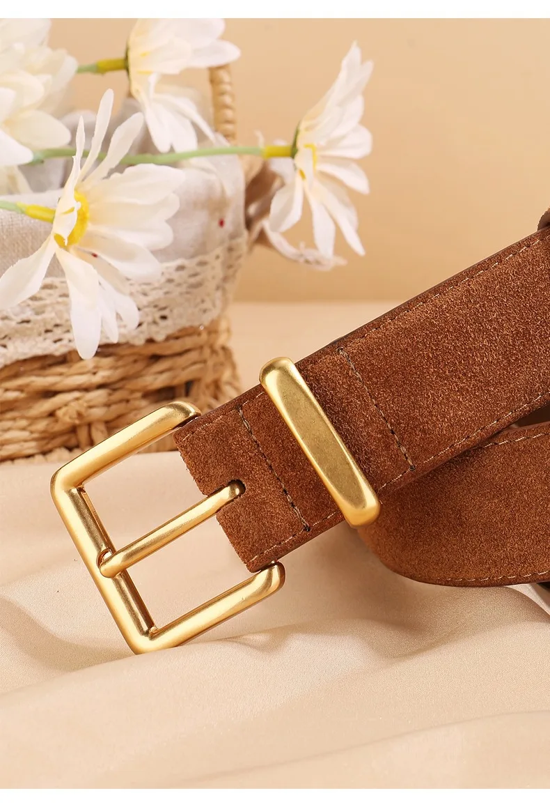 Women Luxury Suede Cowhide Belt  3.3cm Wide Waistband for Dresses & Jeans Vintage Style with Gold Buckle