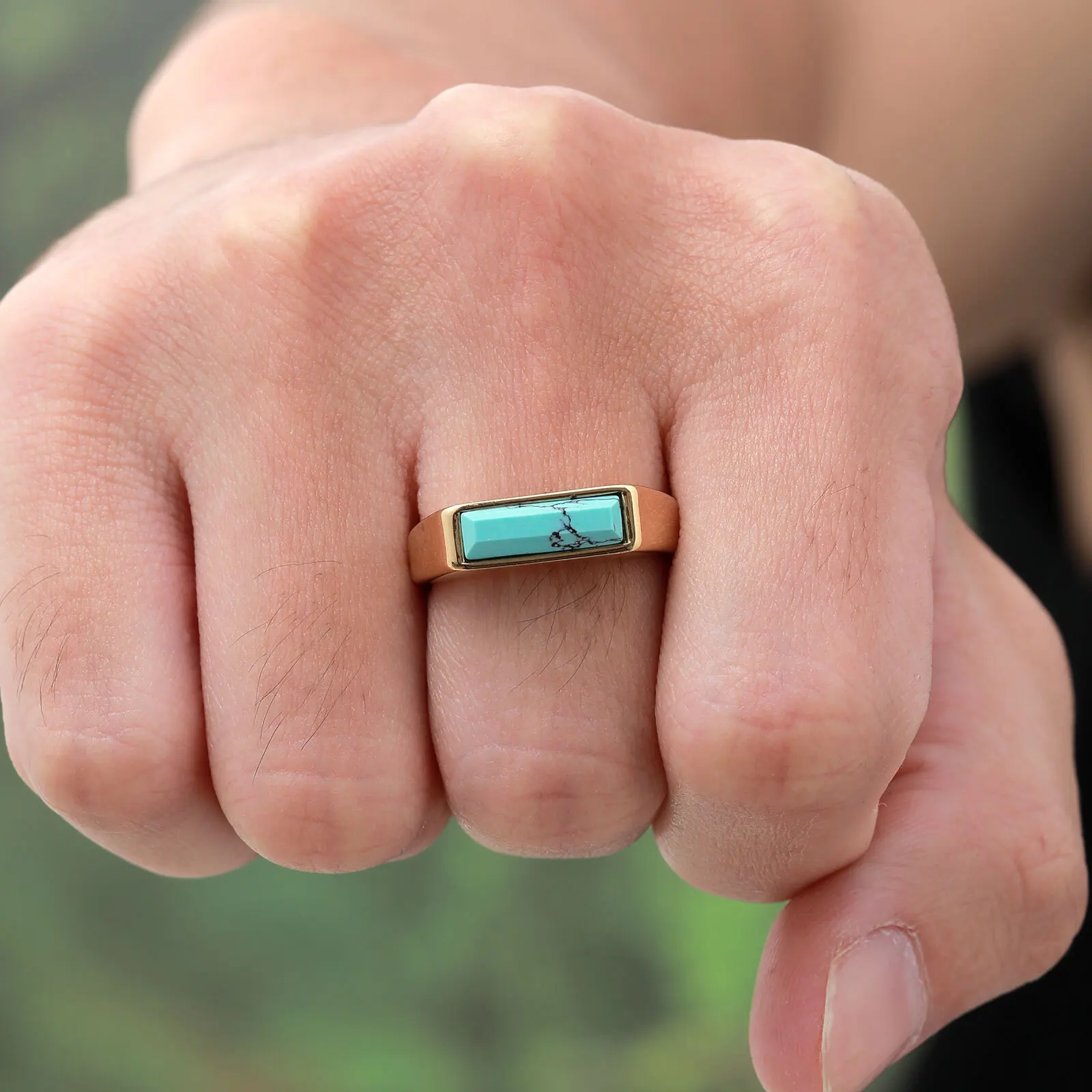 Natural Stone Signet Stainless Steel Ring For Men Women, Unisex Gold Plated Jewelry Dad Boyfriend Valentine\'s Day Gift
