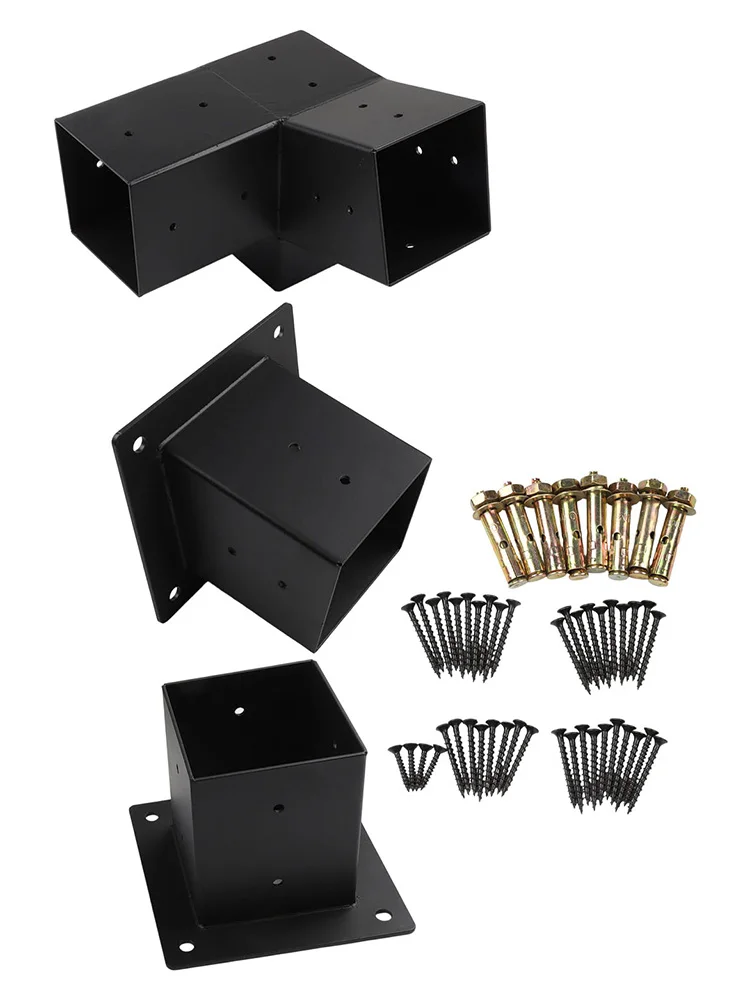 Slanted Roof Pergola Brackets Wall Mount Kit For 4x4 Inch Posts Steel 3-Way Unidirectional With Hardware Black