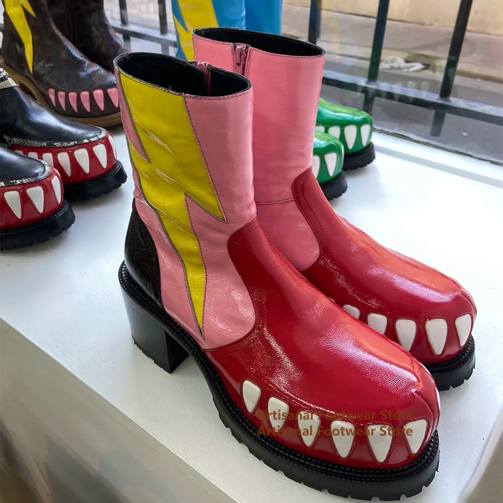 Crocodile Teeth Pattern Men's Boots Round Toe Platform Side Zip Boots Height Increasing Fashion Show Men Shoes Botas Mujer