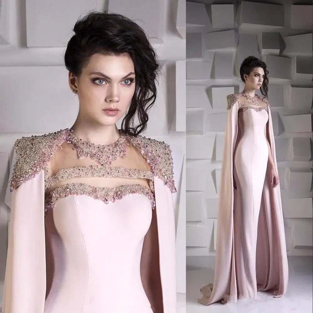 

Pink Evening Dresses With Cape Sexy Beaded Crystals Sweetheart Long Satin Evening Formal Celebrity Red Carpet Gowns Proms