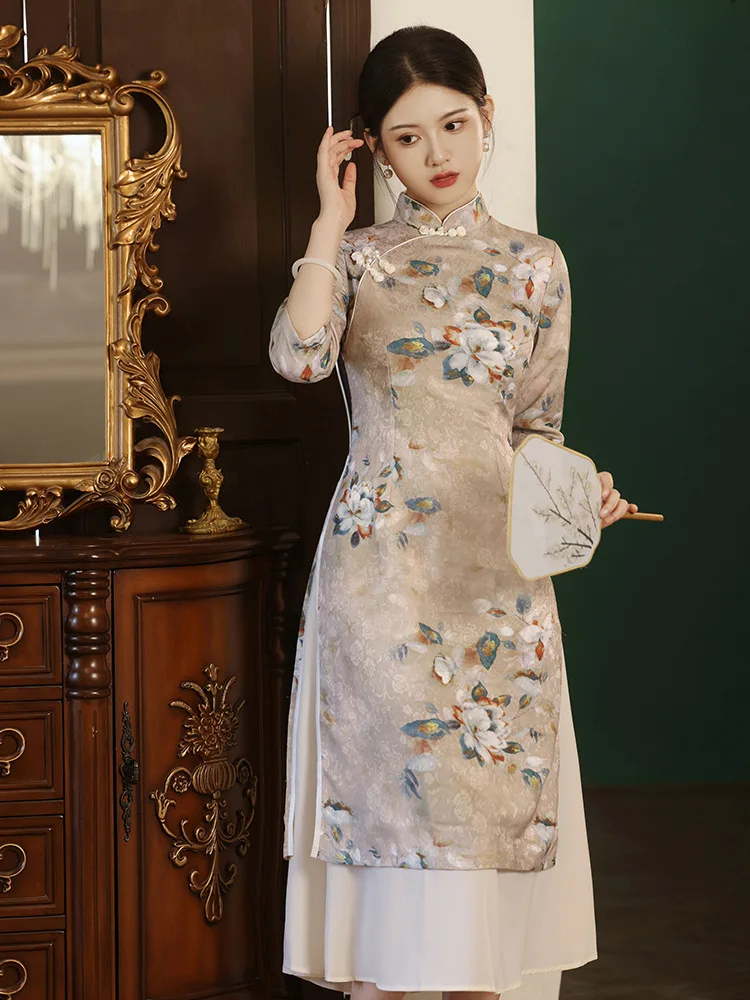 FZSLCYIYI Elegant Chinese Flower Printed Satin Seven Points Sleeve Split Qipao Women Retro Aodai Cheongsam Dresses