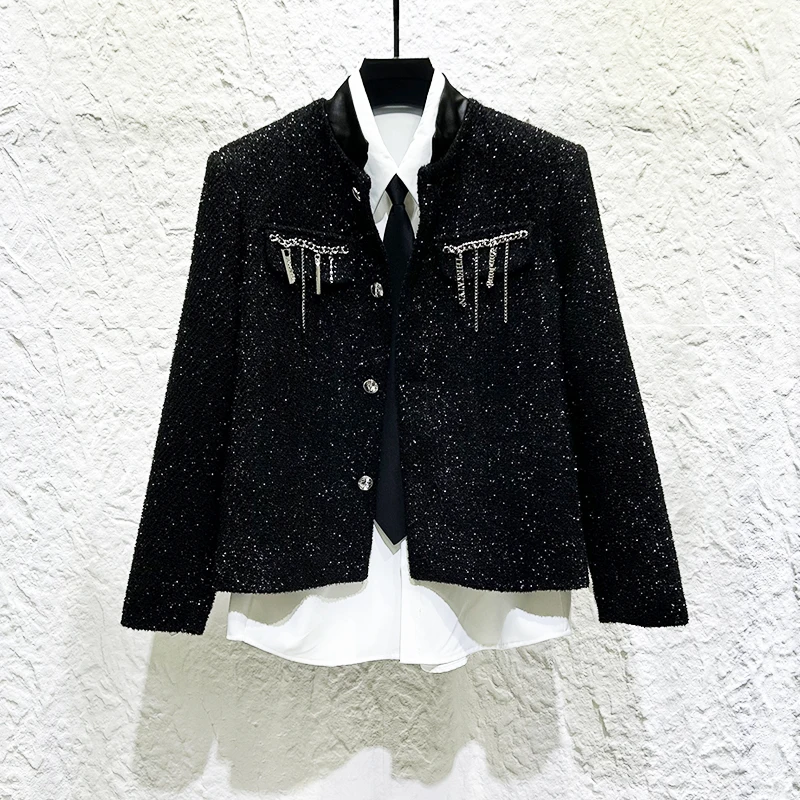 

Персонализированный дизайн, украшение в виде цепочки, лоскутная куртка с воротником-стойкой, мужская модная роскошная повседневная стеганая куртка с короткими плечами