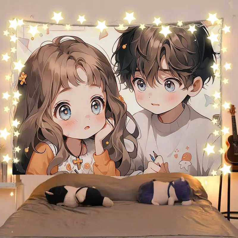 VIKAMAQ Couple Doll Tapestry Autumn Leaves Warm and Cute anime Background Cloth Dormitory Decoration Tapestry Room Decoration