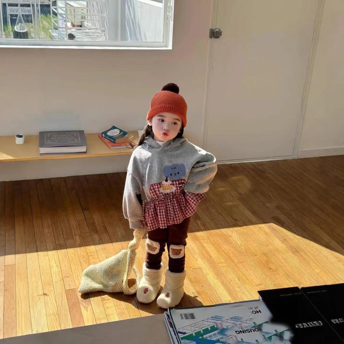 2025 New Girls Suit Autumn and Winter Kids Pullover Hooded Plaid Lace Plus Velvet Thickened Sweatshirt Leggings Boutique