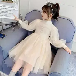 2023Girls' Autumn Winter New Fashion Half High Neck Long Sleeve Solid Color Vivid Cute Kids Children's Clothing Casual Dresses