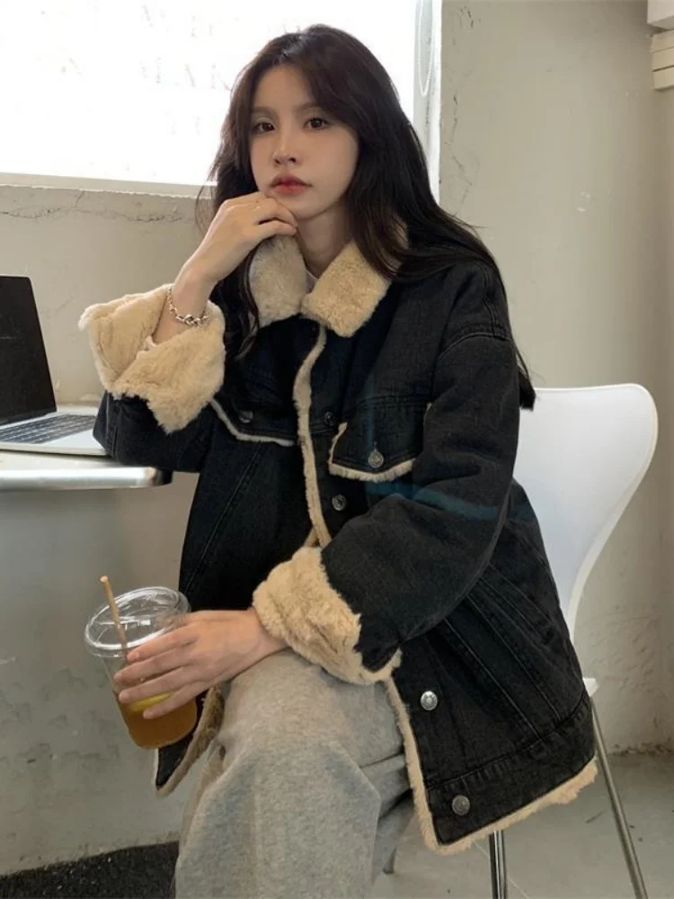 Denim Coats Woman Oversize Fur Plush Womens Winter Fitted Sweet Girl Urban Office Quick-Drying Lined Hooded Patchwork Standneck