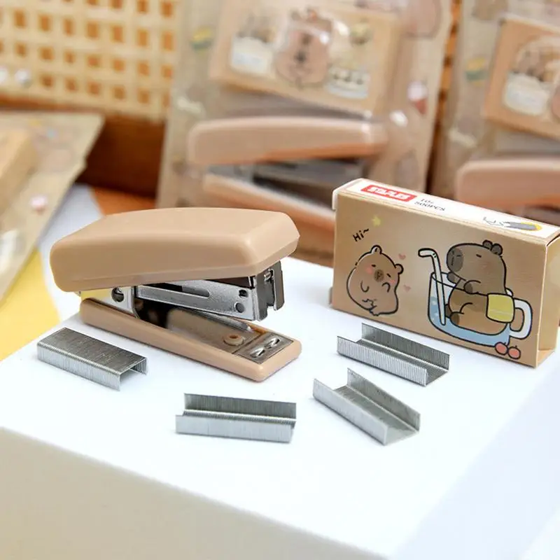 Mini Stapler Set With Staple Cute Capybara Pattern Desktop Stapler Child School Workplace Handheld Stapler Stationery Supplies