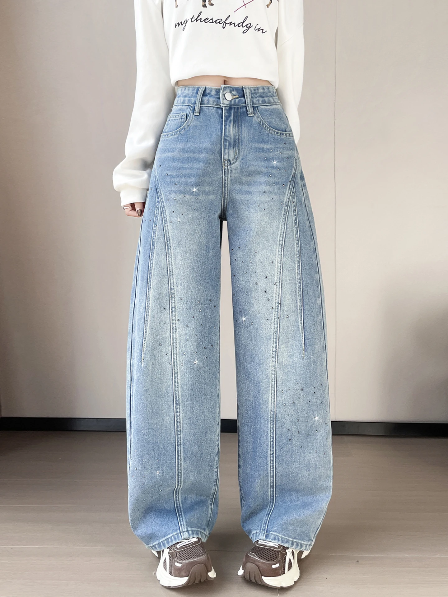 

Американские ретро-джинсы с камнями, высокая талия, свободный крой, широкие штанины, модные брюки для женщин, весна-осень, светло-голубые