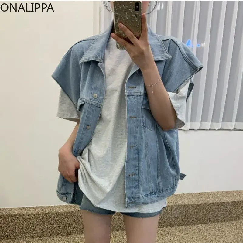 Onalippa Casual Sleeveless Denim Coat All Match Turn Down Collar Single Breasted Jean Coats Korean Chic Garment Sleeves Shirt