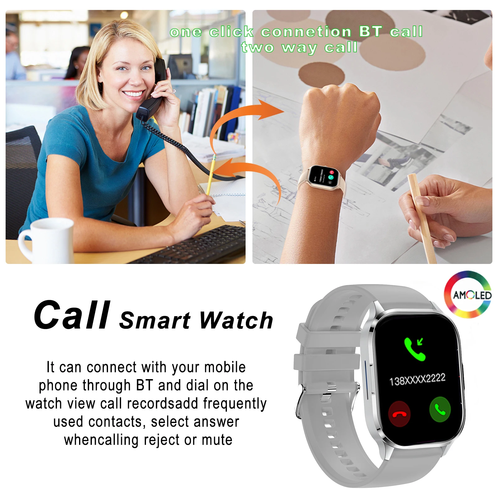 Smart Watch, AMOLED,Wireless Call/Dial, Multiple APP Alerts, Suitable for Men and Women, Custom Wallpaper