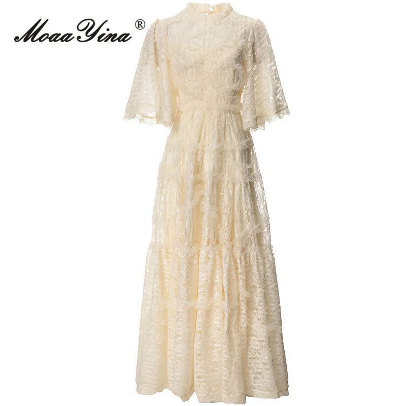 MoaaYina Spring Fashion Designer Beige Vintage Party Dress Women O Neck Half Sleeve Mesh Ruffles Lace High Waist Slim Long Dress