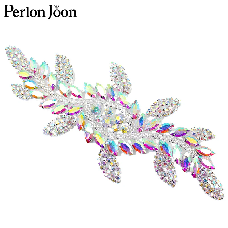 1pcs AB color crystal leaf long patch AB rhinestone glass welding flower silver decal for wedding boots decorative accessories