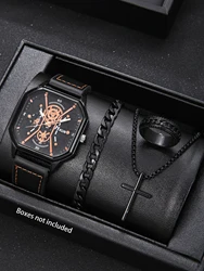 4-piece/set men's quartz watch set, alloy necklace, alloy bracelet, total ring, the best gift for him