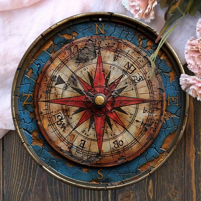 Vintage Compass Aluminum Wall Sign - 8x8 Inch Decorative Round Plaque, Pre-drilled, Weather-Resistant, HD Print - Ideal for Home