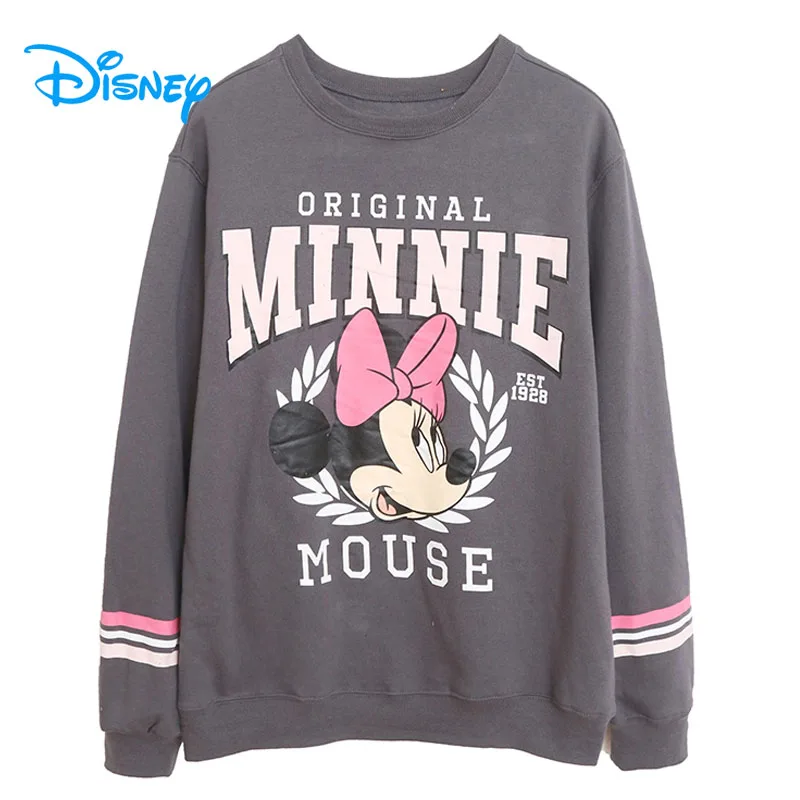 Disney Minnie Mouse Print Fleece Sweatshirt Women Casual O Neck Long Sleeve Pullover Tops Female Streetwear Cute Cartoon Jumper