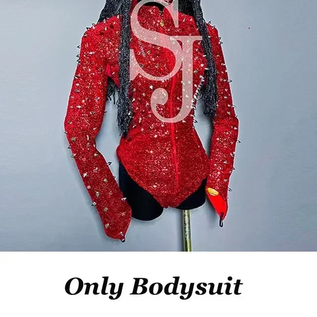 Discoteca Gogo Abiti da ballo Casco punk Drag Queen Outfit Abbigliamento rave Rivetto rosso Paillettes Tuta Cantante Costume di scena