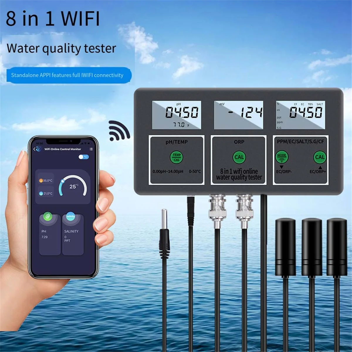 جهاز اختبار جودة المياه 8 في 1pH/ORP/EC/TDS/SALT/S.G // التحكم في تطبيق اتصال WiFi لحمامات السباحة وأحواض السمك بمقبس الاتحاد الأوروبي